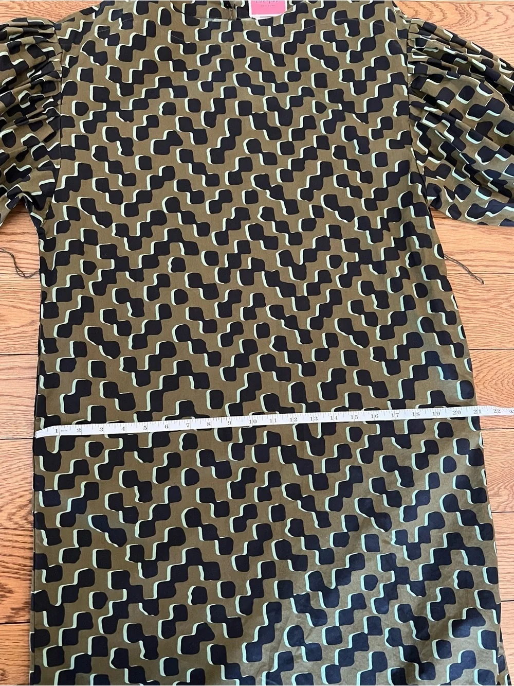kate spade Olive and Black Geometric Midi Dress with Puff Sleeves